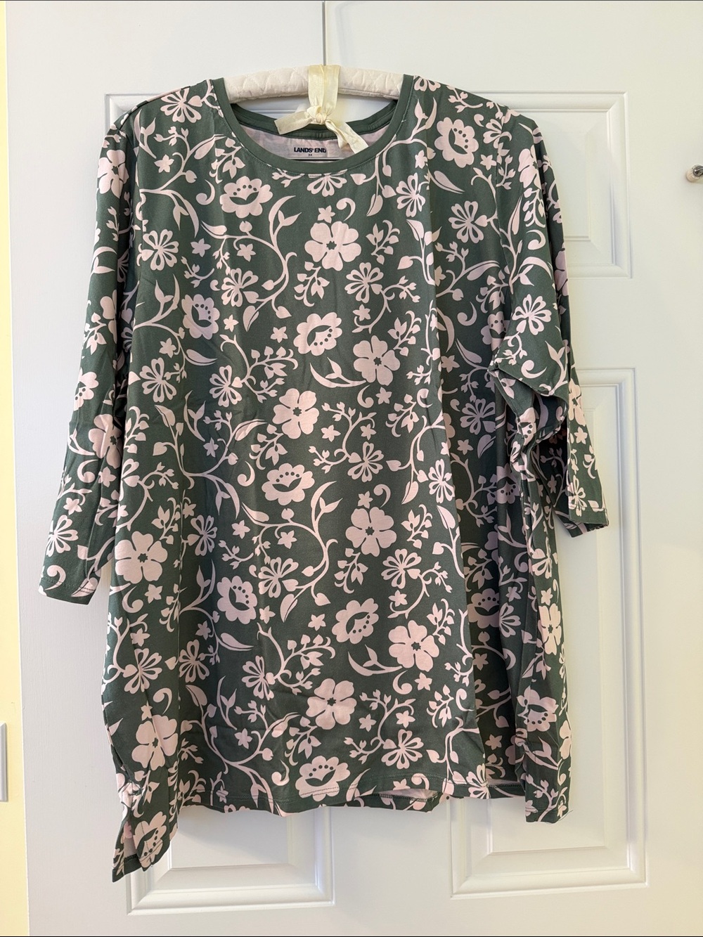 Lands' End Olive Green Floral 3/4 Sleeve Tunic